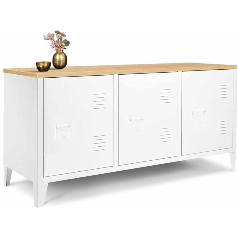 Buffet bas 113 cm ester 3 portes métal blanc plateau bois design industriel