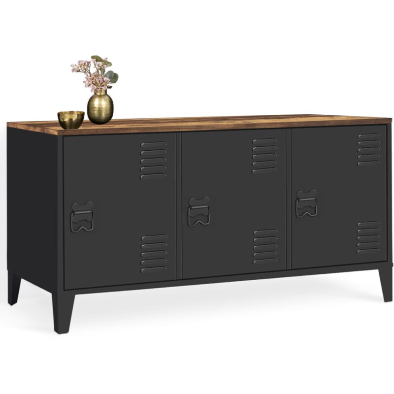Buffet bas 113 cm ester 3 portes métal noir plateau bois foncé effet vieilli hawkins design industriel