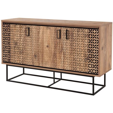 Buffet bas 3 portes Feneta L140cm Métal Noir et Bois Naturel Motif Géométrique Noir