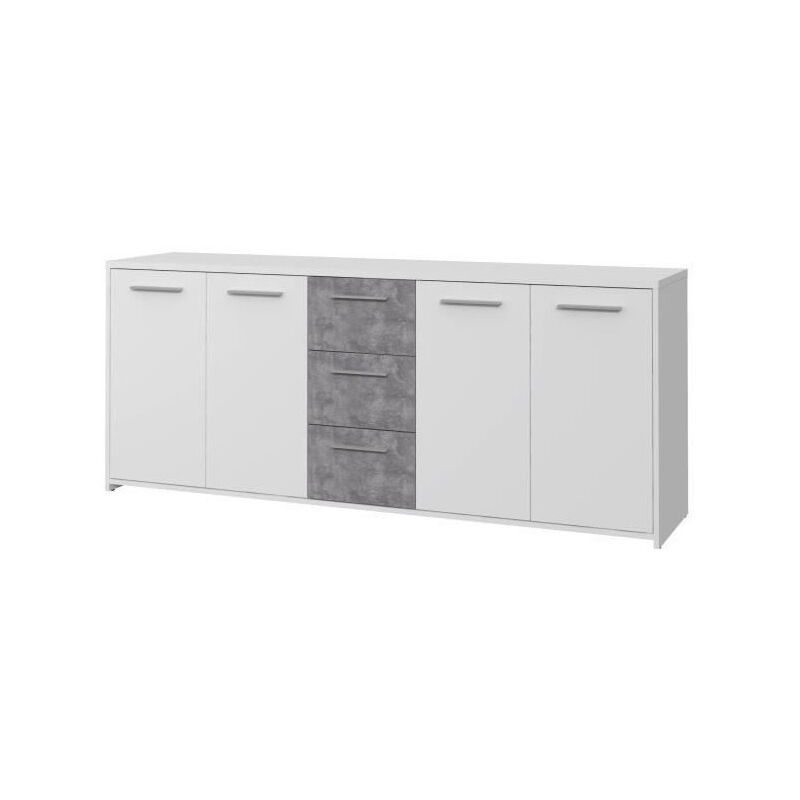 Les Tendances - Buffet bas 4 portes 3 tiroirs - Blanc et decor gris beton - l 179 x p 42 x h 74,5 cm