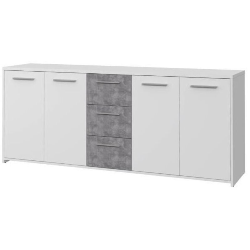 Buffet bas 4 portes 3 tiroirs - Blanc et decor gris beton - L 179 x P 42 x H 74,5 cm