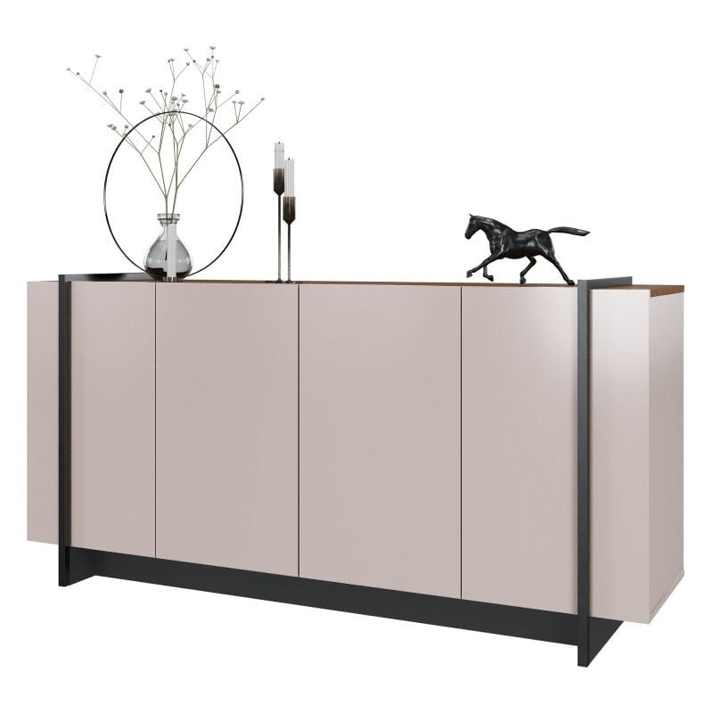 Buffet Bas 4 Portes Blanc Ecru et Noyer 6 Niches l 160 h 79.7 p 42.5 cm