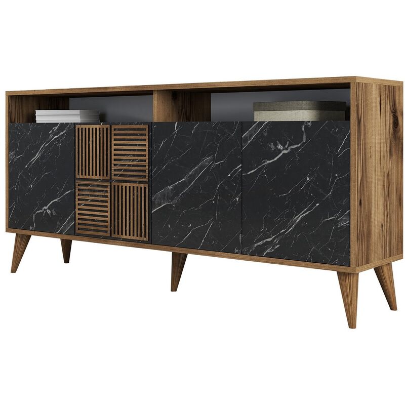 Cotecosy – Buffet en bois mélaminé noir effet marbre 4 portes – Dimensions L 160 x H 78.6 x P 35 cm – Design contemporain pour rangement élégant