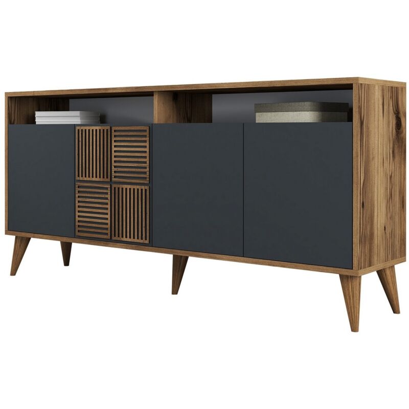 Cotecosy – Buffet en bois mélaminé noyer et anthracite 4 portes – Dimensions L 160 x H 78.6 x P 35 cm – Design contemporain et chaleureux