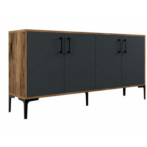 Buffet bas 4 portes Vranus 160cm Bois Naturel et Anthracite et Métal Noir