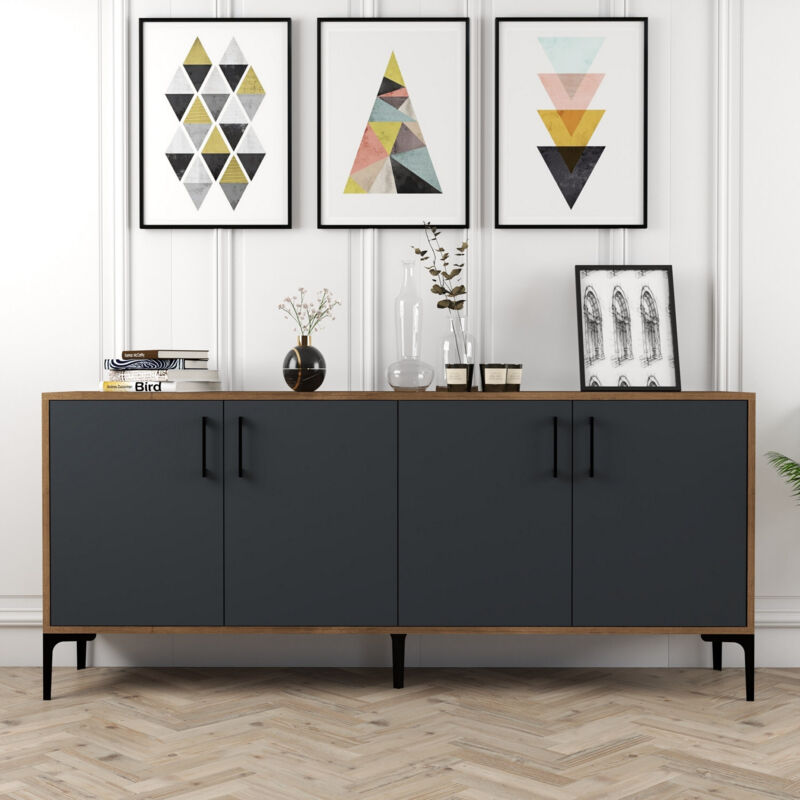 Cotecosy - Console en Noyer et Anthracite avec Étagères, 180x78x35 cm, Pour Salon ou Bureau