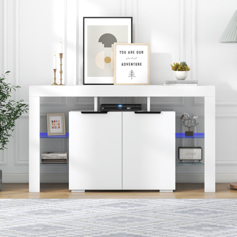 Modernluxe - Buffet bas avec éclairage led - 4 étagères en verre et 2 portes - Blanc