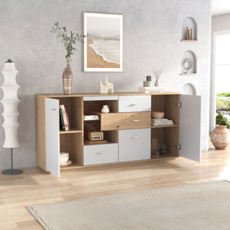 Buffet bas avec LED - 2 portes et 4 tiroirs - style contemporain - Blanc & Naturel