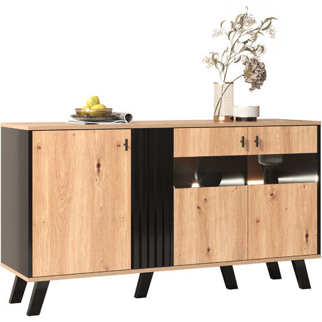 Buffet bas avec LED - 3 portes et 6 compqrtiments - Naturel & Noir