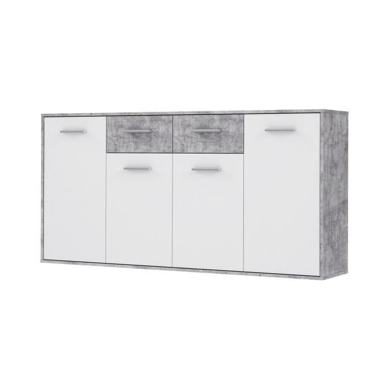 Les Tendances - pilvi Buffet bas 4 portes 4 tiroirs - Blanc et beton gris clair - l 162,3 x p 34,2 x h 88,1 cm