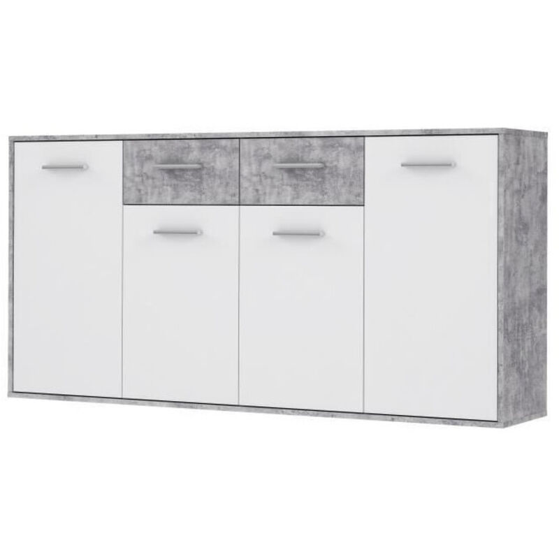 PILVI Buffet bas 4 portes 4 tiroirs - Blanc et beton gris clair - L 162,3 x P 34,2 x H 88,1 cm