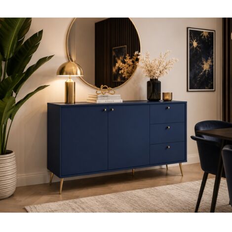 Buffet bas bleu foncé et pied doré 160cm EZIA