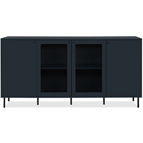 Buffet bas - CARACAS - Décor bleu navy - 2 portes vitrées + 2 portes - L180 x H90 x P40 cm