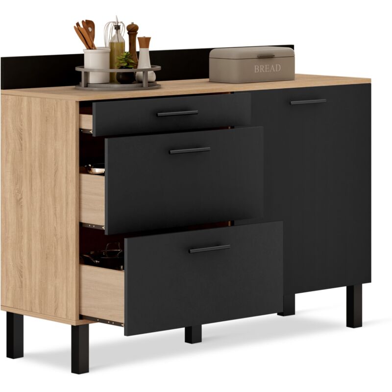 Idmarket - Buffet bas casserolier de cuisine 120 cm cina plan de travail H.83 cm 1 porte + 3 tiroirs façon hêtre et noir