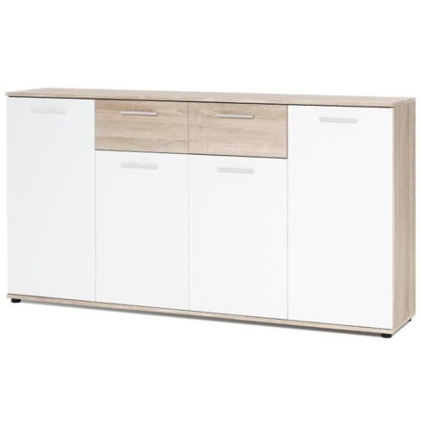Buffet bas classique blanc et décor chêne mat – L 160 x P 35 x H 85 cm – 4 portes et 4 tiroirs sur coulisses métalliques