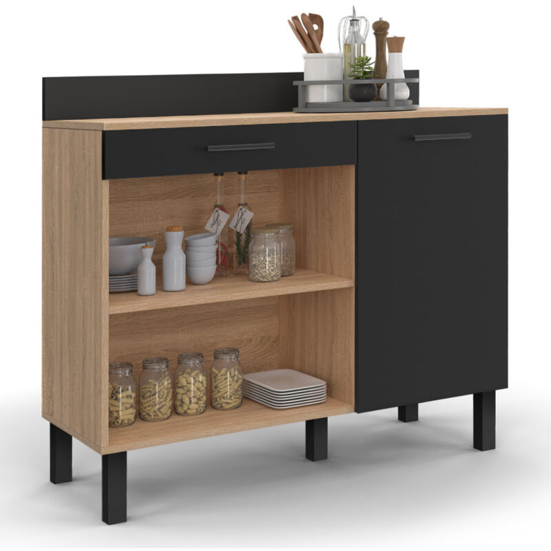 Idmarket - Buffet bas de cuisine 100 cm cina plan de travail H.83 cm 1 porte + 1 tiroir façon hêtre et noir