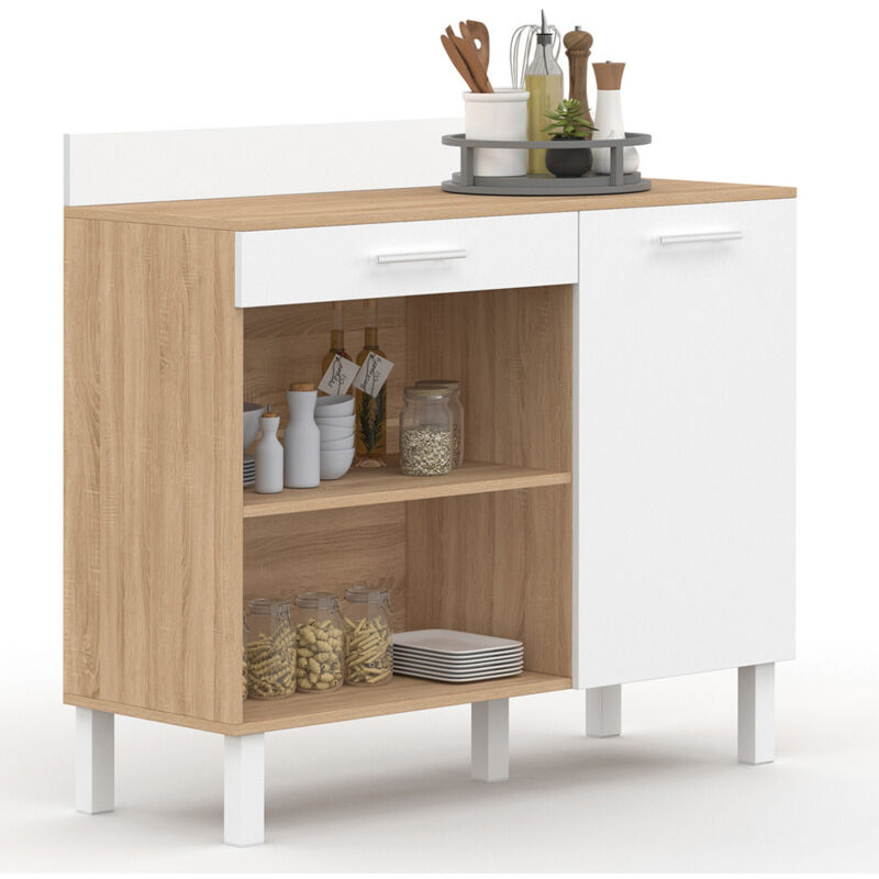 Idmarket - Buffet bas de cuisine 100 cm cina plan de travail H.83 cm 1 porte + 1 tiroir façon hêtre et blanc
