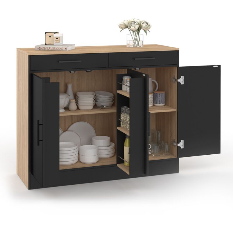 Buffet bas de cuisine 110 cm ALTO avec rangements façon hêtre et noir