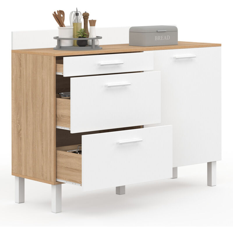 Buffet bas de cuisine 120 cm casserolier cina plan de travail H.83 cm 1 porte + 3 tiroirs façon hêtre et blanc