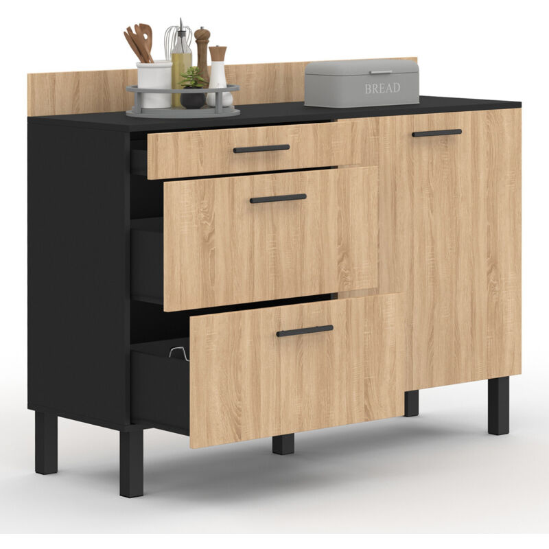 Buffet bas de cuisine 120 cm casserolier cina plan de travail H.83 cm 1 porte + 3 tiroirs noir et façon hêtre