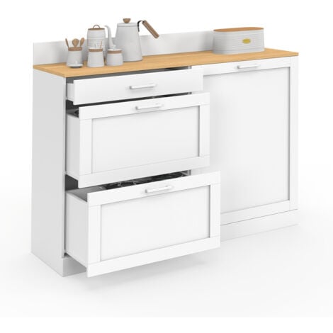 IDMARKET Buffet bas de cuisine 120 cm casserolier VITO plan de travail H.83 cm 1 porte + 3 tiroirs blanc et plateau façon hêtre