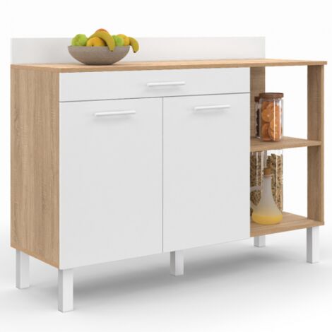 Buffet bas de cuisine 120 cm CINA plan de travail H.83 cm 2 portes + tiroir façon hêtre et blanc