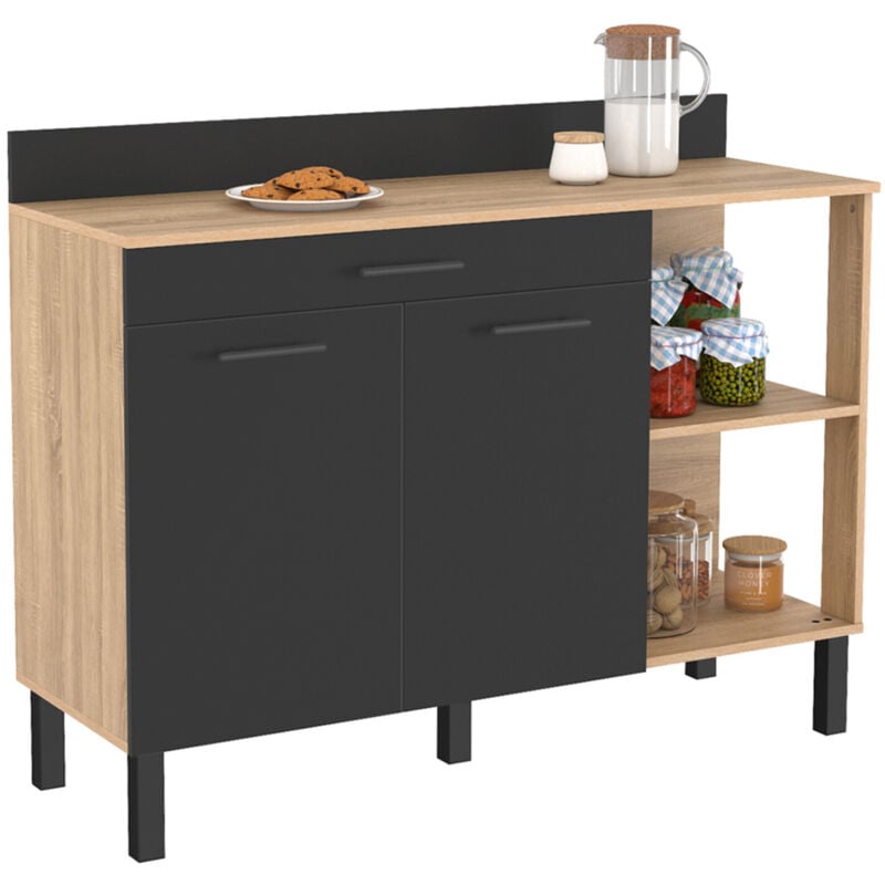 Buffet bas de cuisine 120 cm cina plan de travail H.83 cm 2 portes + tiroir façon hêtre et noir