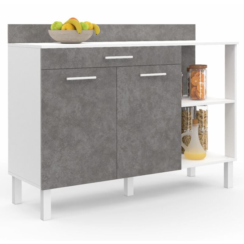 Buffet bas de cuisine 120 cm cina plan de travail H.83 cm 2 portes + tiroir blanc et effet béton