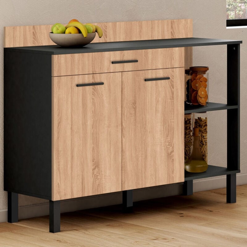 Buffet bas de cuisine 120 cm cina plan de travail H.83 cm 2 portes + tiroir noir et façon hêtre