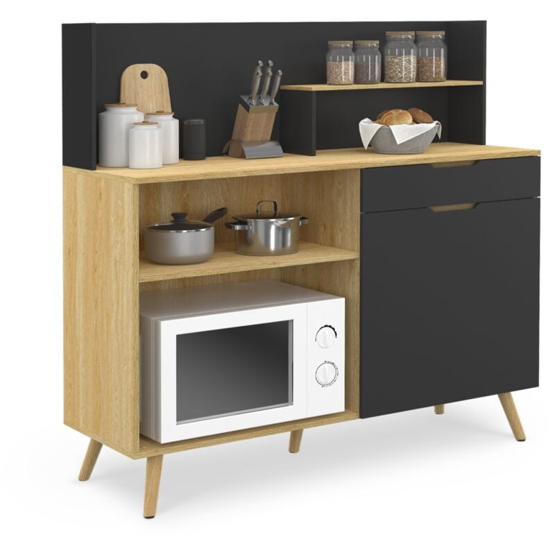 Buffet bas de cuisine 120 cm olaf plan de travail H.83 cm 1 porte + 1 tiroir façon hêtre et noir