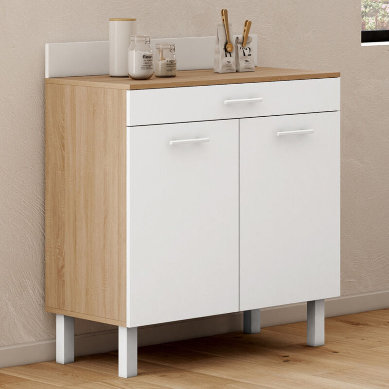 Buffet bas de cuisine 80 cm CINA plan de travail H.83 cm 2 portes + tiroir façon hêtre et blanc