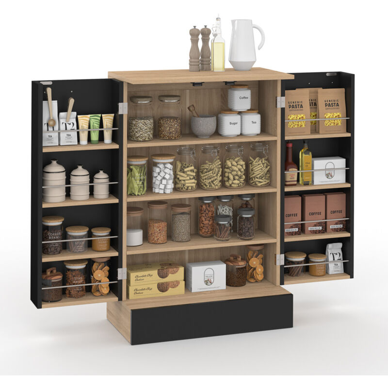 Buffet bas de cuisine H.90 cm avec rangements noir et bois