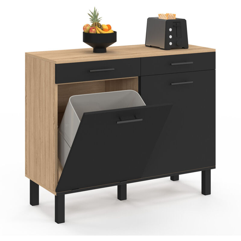 Buffet bas de cuisine avec espace poubelle 100 cm cina plan de travail H.83 cm 2 portes + tiroirs façon hêtre et noir