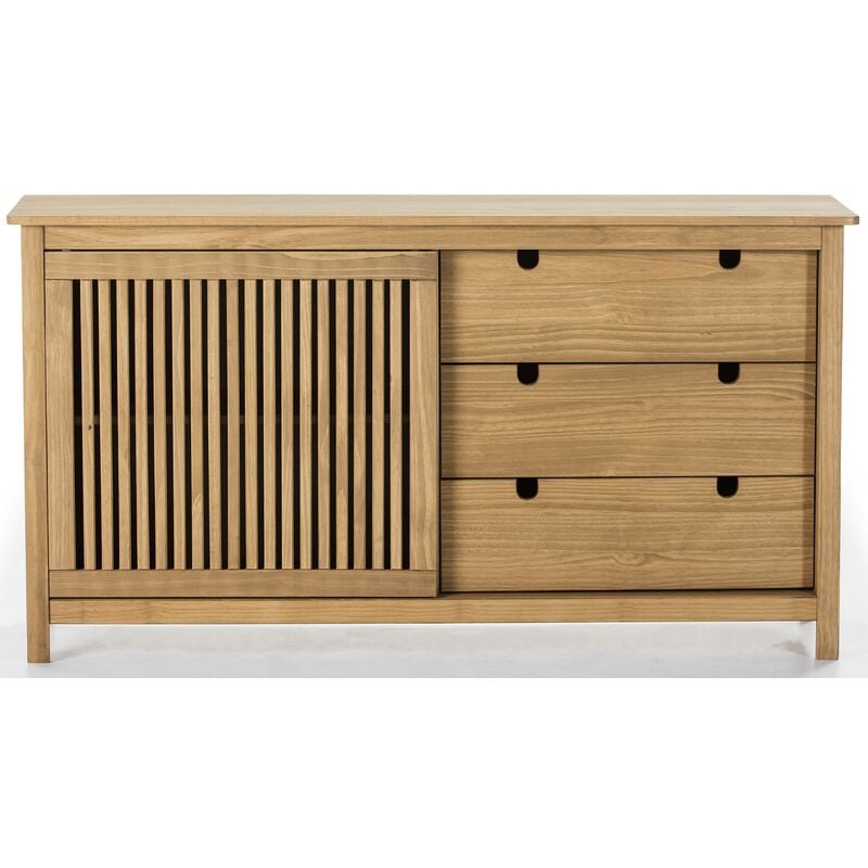 Pegane - Buffet bas en pin massif décor ciré chêne, meuble de rangement - Longueur 150 x Profondeur 40 x Hauteur 80 cm