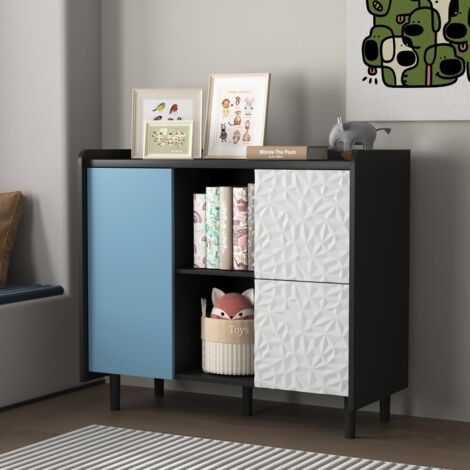 Buffet bas enfilade-design moderne-portes bleues-2 tiroirs-2 compartiments ouverts-armoire à café-90x40x80cm
