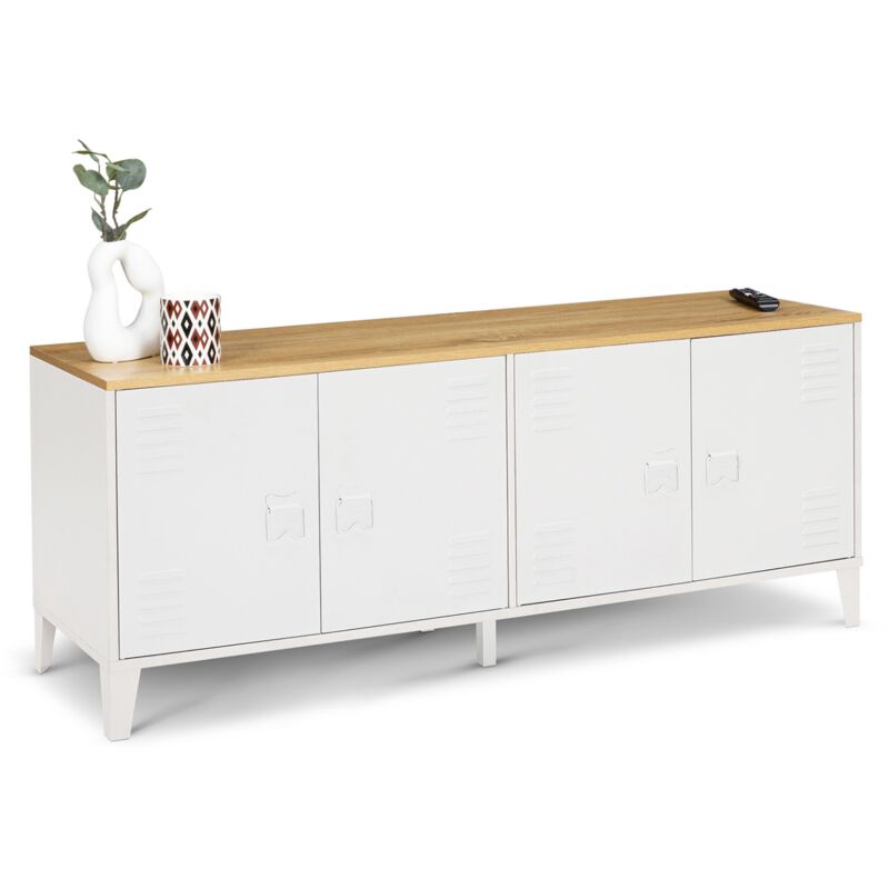 Buffet bas 140 cm ester 4 portes métal blanc plateau bois design industriel