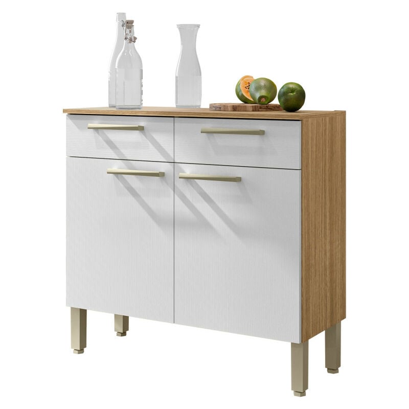 Buffet Bas 2 Portes 2 Tiroirs Chêne et Blanc 2 Niches Larg 90,9 h 86 p 36,3 cm