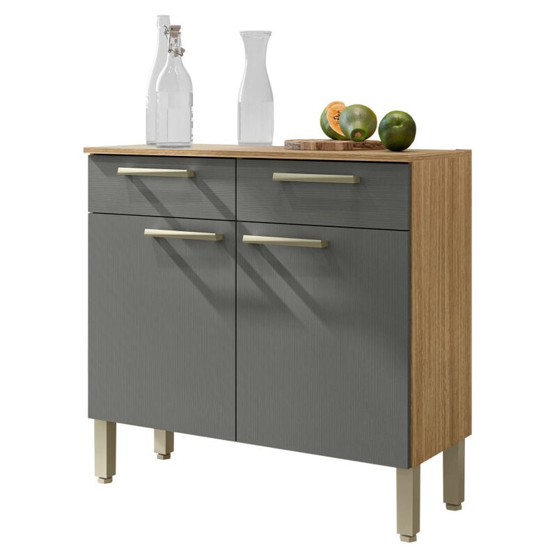 Beaux Meubles Pas Chers - Buffet Bas Meuble Cuisine 2 Portes 2 Tiroirs Chêne et Gris 2 Niches 91 cm