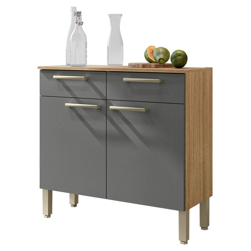 Buffet Bas Meuble Cuisine 2 Portes 2 Tiroirs Chêne et Gris l 90.9 h 86 p 36.3 cm