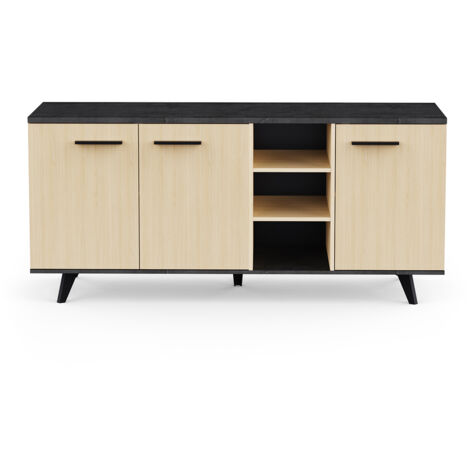 Buffet bas meuble de rangement 3 portes 3 niches couleur chêne / anthracite - Largeur 160,7 x Profondeur 43,9 x Hauteur 73,3 cm