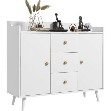 Buffet bas, meuble de rangement avec 2 portes, 3 tiroirs et pieds en bois massif, style moderne, 90 x 32 x 80 cm, blanc