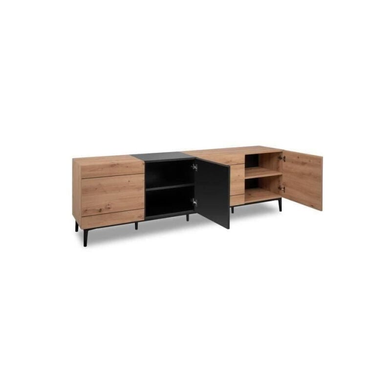 Buffet Bas / Meuble tv nola - Décor chene et noir - 4 portes - l 200 x p 42 x h 65 cm