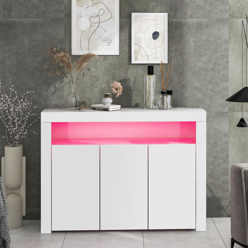 Buffet bas moserne - Meuble d'appoint blanc brillant avec éclairage led et télécommande - Blanc