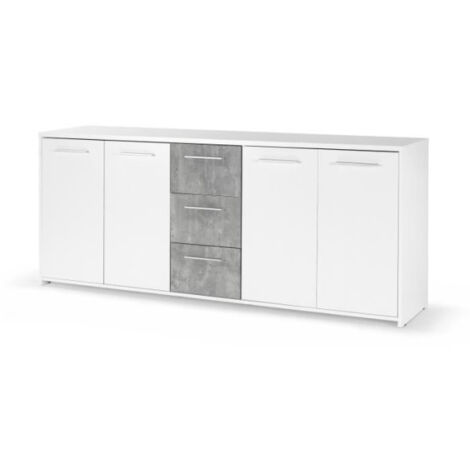 Buffet bas - Panneaux de particules - Blanc et décor gris béton - 4 portes + 3 tiroirs - L 179 x P 42 x H 74,5 cm