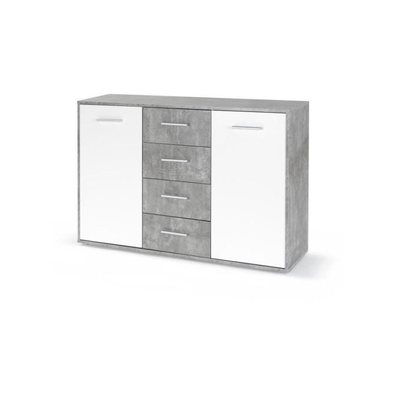 Buffet bas pilvi - 2 portes et 4 tiroirs - Blanc et béton clair - l 122,6 x p 34,2 x h 81,1 cm