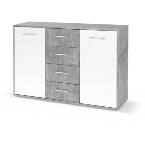 Buffet bas PILVI - 2 portes et 4 tiroirs - Blanc et béton clair - L 122,6 x P 34,2 x H 81,1 cm