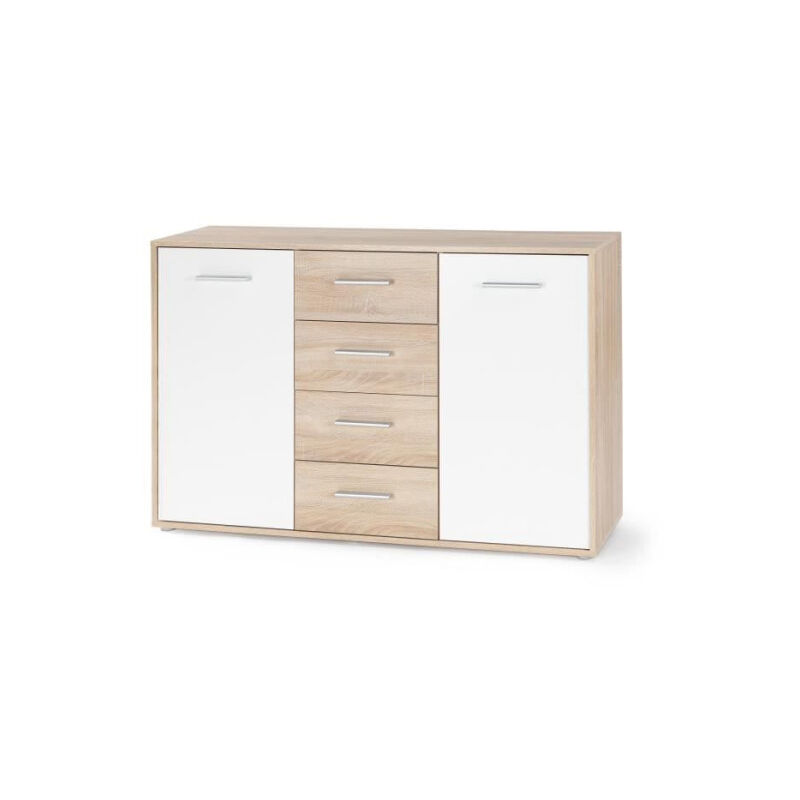 Buffet bas pilvi - 2 portes et 4 tiroirs - Blanc et chene sonoma - l 122,6 x p 34,2 x h 81,1 cm