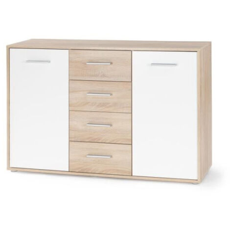 Buffet bas PILVI - 2 portes et 4 tiroirs - Blanc et chene sonoma - L 122,6 x P 34,2 x H 81,1 cm