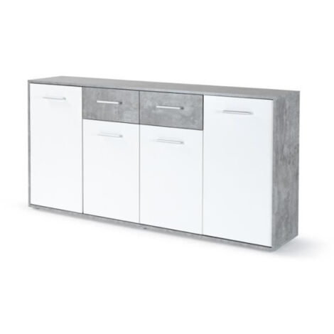 Buffet bas PILVI - 4 portes et 2 tiroirs - Blanc et béton clair - L 162,3 x P 34,2 x H 88,1 cm