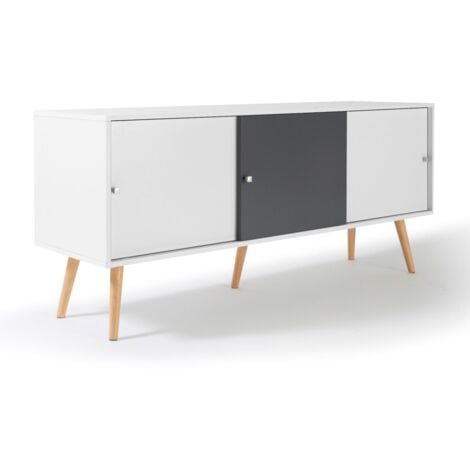 Buffet bas scandinave 135 cm EFFIE 3 portes bois blanc et gris